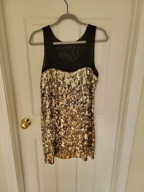 Express Gold Sequin Midi Dress with Black Mesh Bodice